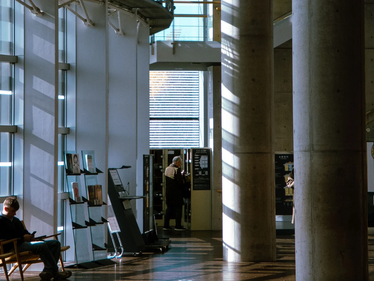 Daylight through tall library windows, with reading areas and bookshelves beneath curved walkways.